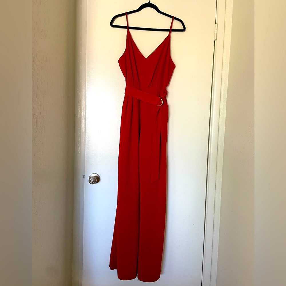 Jill Stuart Red Belted Wide Leg Crepe Jumpsuit 4